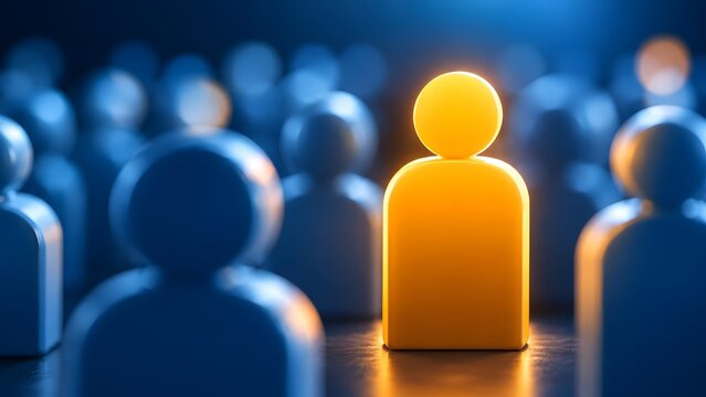 One yellow figure stands out from blue crowd