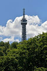 Obraz premium The steel framework of Petrin Lookout Tower rising above lush green treetop foliage under a bright blue sky with fluffy white clouds in Prague.