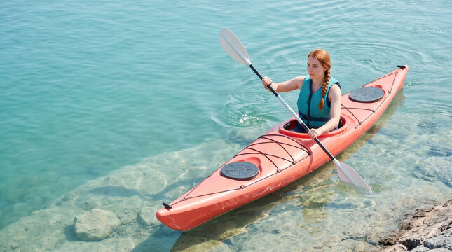 Woman Paddling a Coral Kayak Through Clear Turquoise Water