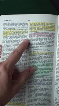 Opening to the book of Romans Chapter 8 verse 28, of the New Testament in the Holy Bible. New Revised Standard Version. Vertical video.
