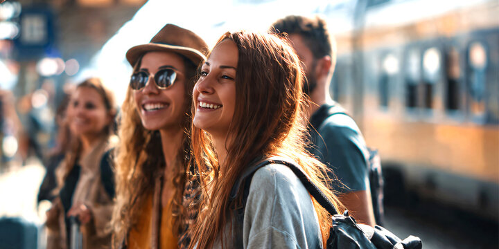 Group of young friends waiting at train station platform with luggage, smiling and chatting before departure, railway transport, casual lifestyle, travel concept