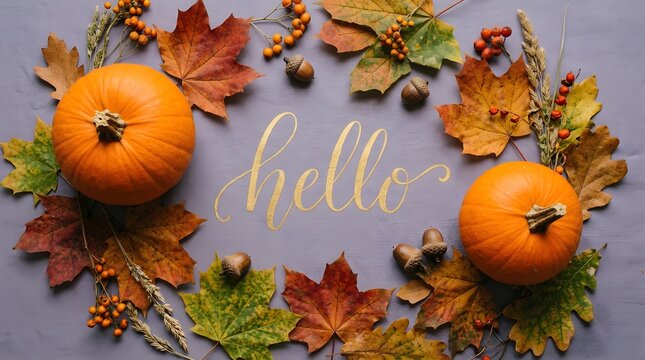 Autumn greeting card with hello text, pumpkins, fall leaves, berries, and acorns on a grey background