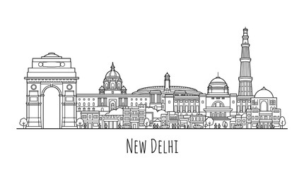 Obraz premium New Delhi Skyline Outline, India Landmarks, Doodle Art, Vector Illustration
