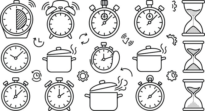 Kitchen cooking timer icons set with line art clock stopwatch alarm hourglass boiling pot and countdown management vectors