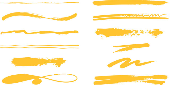 Yellow and white brush stroke underline and accent set. Hand drawn dividers and swirls for text highlights, cards and headers.