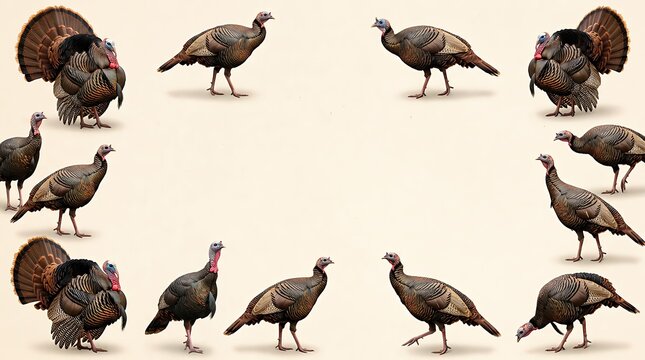A collection of various wild turkey birds arranged in a frame pattern on a light beige background for thanksgiving design