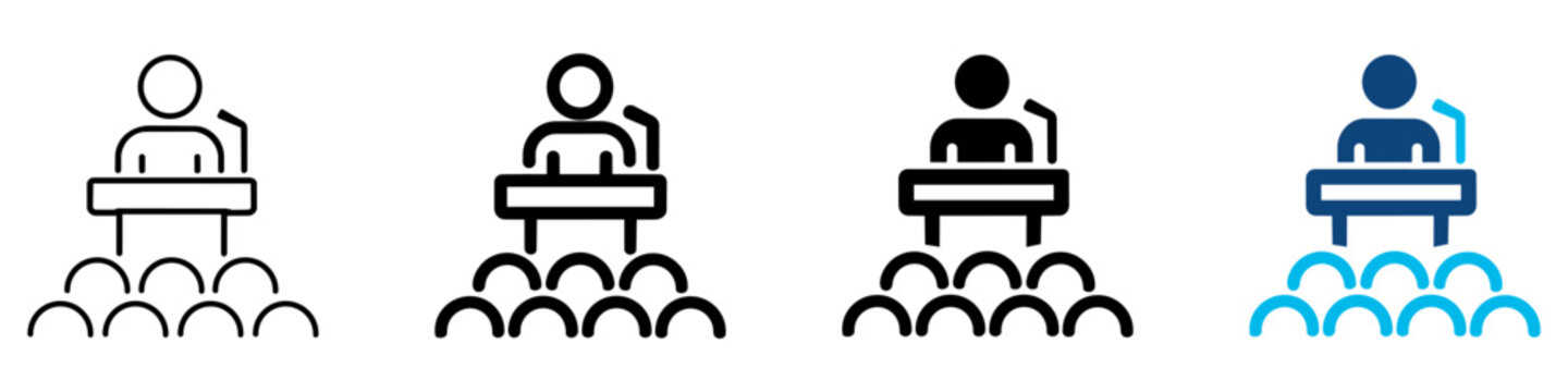 Public speaker icon set with presenter at podium and audience symbolizing speech, leadership and communication. Lecturer for seminar and conference. Ideal for presentation. Editable Vector  