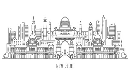 Obraz premium New Delhi Skyline Line Art - India Gate, Parliament, Modern Buildings