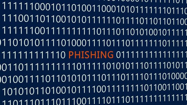 Phishing text or word with digital binary animation made in After Effects for digital world technology concept, representing cyber fraud attacks, credential theft scams, and malicious email schemes.