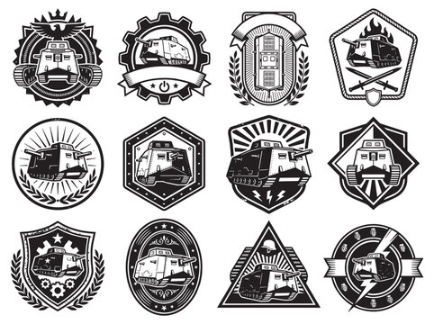Vintage A7V WWI tank emblem collection with black and white grunge military logo graphics