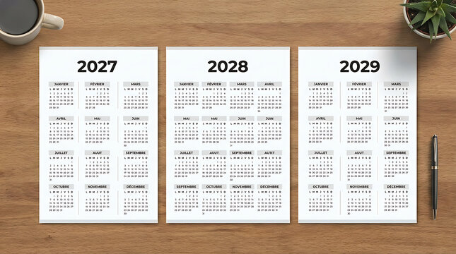 2027 2028 2029 annual calendar sheets on wooden office desk with coffee and pen
