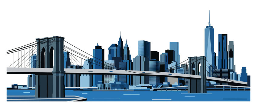 New York City Skyline with Brooklyn Bridge and Skyscrapers, Blue Tones