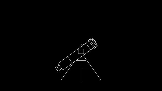 White minimalist telescope line art icon on black background for astronomy and stargazing projects