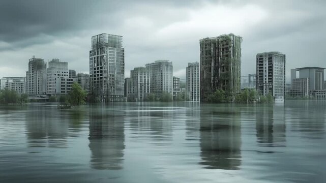 Water floods around tall, empty buildings in a deserted area as dark clouds loom overhead