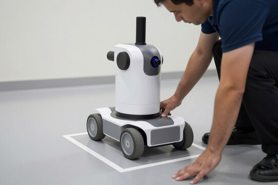 Mobile Inspection Robot Scanning Floor Markings Beside a Supervising