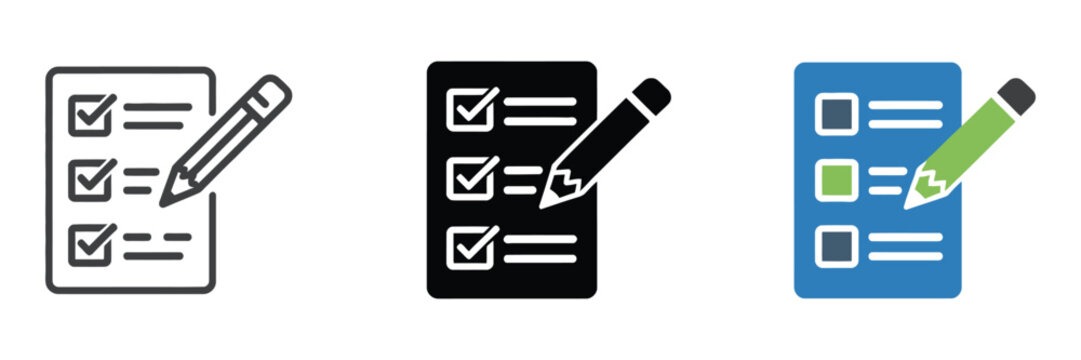 checklist icon set, pencil, completed document, and questionnaire design