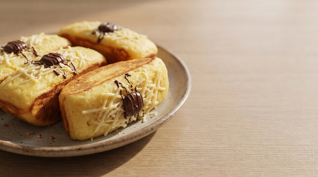 Delicious Indonesian traditional street food Kue Pukis topped with grated cheese and chocolate.