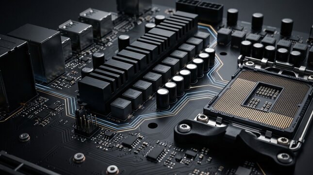 High tech computer motherboard with cpu socket and circuits