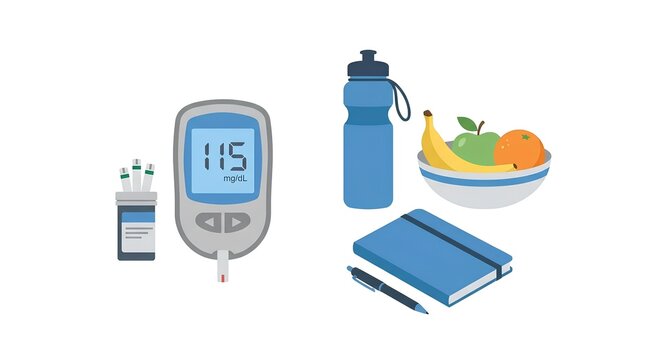 Diabetes management kit with blood glucose monitor insulin pen fruit bowl and notebook.