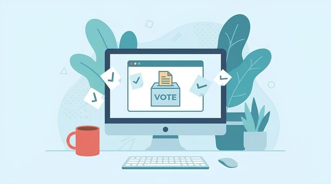 Desktop computer displaying online voting ballot with plants and coffee on desk.