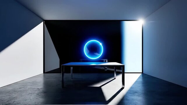 Minimalist room with floating blue orb above desk.