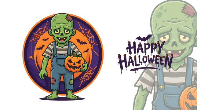 Halloween Cartoon monster boy zombie with halloween pumpkin logo design, cute green vector character wearing overalls, spooky seasonal vector illustration for stamp and apparel JPG