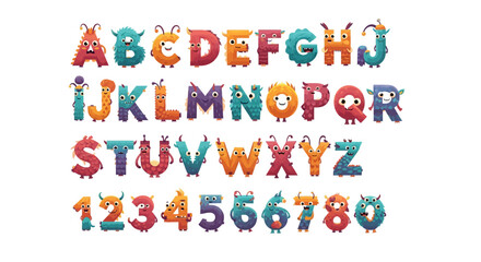 Fototapeta premium Cute Monster Alphabet and Numbers Set - Cartoon Letters & Digits Illustrations