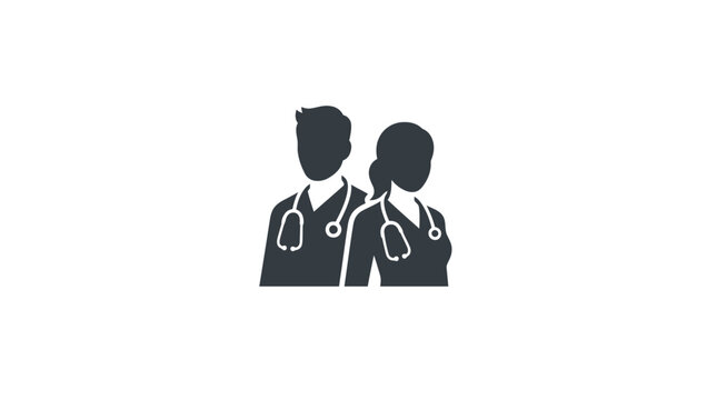 Minimalist doctor and nurse vector illustration depicting two medical professionals wearing stethoscopes, clean flat design graphic for modern healthcare branding