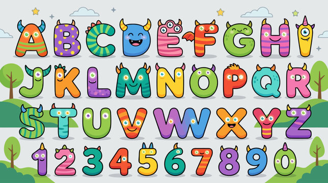 Cute Monster Alphabet and Numbers Kids Cartoon Illustration ABCs 123s Learning Fun