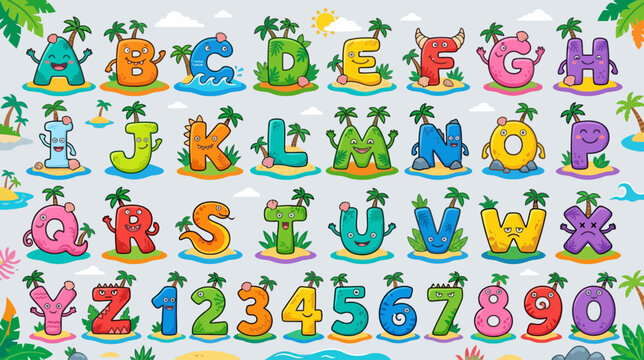 Cute Monster Alphabet A-Z and Numbers 0-9 on Tropical Islands