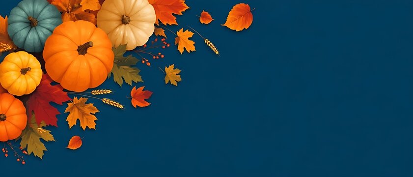 Elegant Autumn Panoramic Banner with Colorful Pumpkins and Leaves on Dark Blue Background