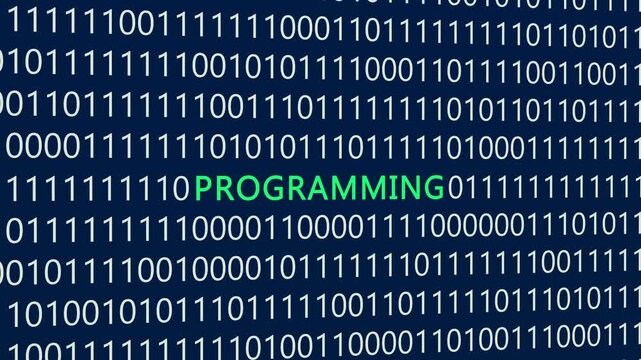 Programming text or word with digital binary animation made in After Effects for digital world technology concept, representing software development, coding processes, computer language engineering