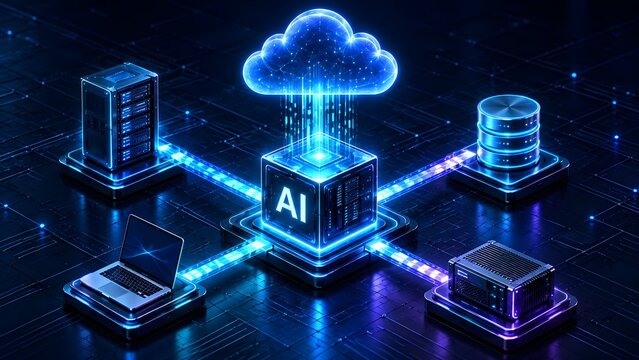 AI cloud computing network with servers and data storage