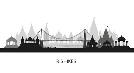 Obraz premium Rishikesh skyline silhouette with suspension bridge and temples, India