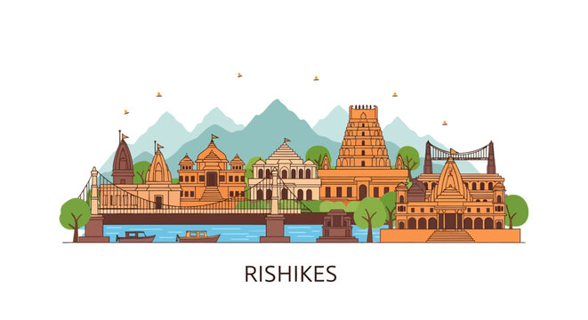 Rishikesh Skyline: Iconic Temples, Bridges, River & Mountains. Uttarakhand India.