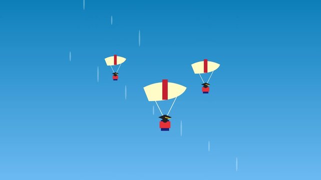 Students with Parachutes and Graduation Caps in the Sky