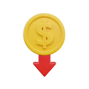 Gold dollar coin with red down arrow icon financial crisis market decrease symbol.