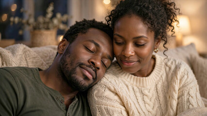 Fototapeta premium African American man resting head on partner shoulder feeling relief and comfort in warm ambient home light