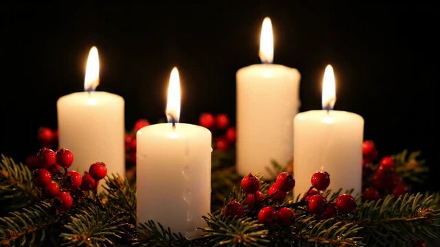 Four White Advent Candles with Pine Branches and Red Berries Christmas Decoration Background