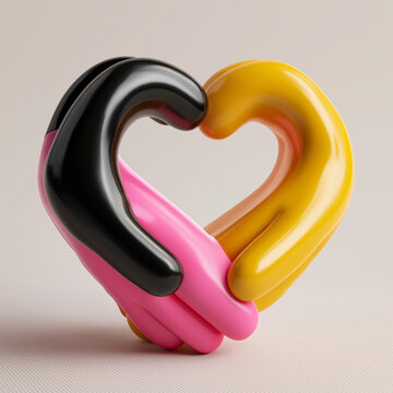 two glossy, stylized 3d hands, one black and one bright shocking pink,