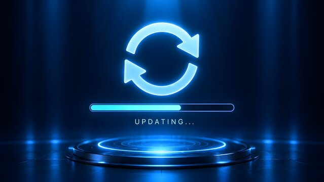 Digital update progress bar with refresh icon and glowing effect
