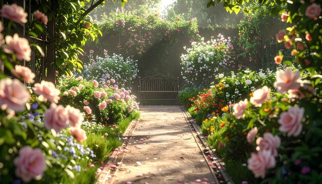 Sendero de jard&iacute;n rodeado de rosas y abundante vegetaci&oacute;n florida con luz natural filtr&aacute;ndose entre los &aacute;rboles
