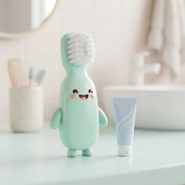 Mint green cartoon toothbrush character with tube of toothpaste on bathroom counter