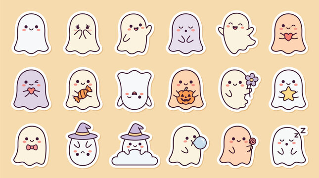 Flat Cute Halloween Ghost Sticker Pack - Friendly Ghost Emoticons, Waving Ghost, and Sleeping Ghost Vector