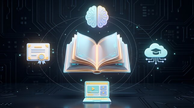 Open digital book glowing with artificial intelligence brain icon and graduation symbols representing advanced e-learning platforms and modern knowledge acquisition systems
