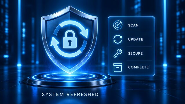 Digital security shield with lock and refresh arrows system refreshed