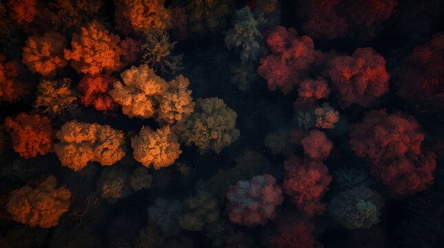 Aerial top-down view of a dense autumn forest with vibrant red, orange, and gold trees in a dark misty environment