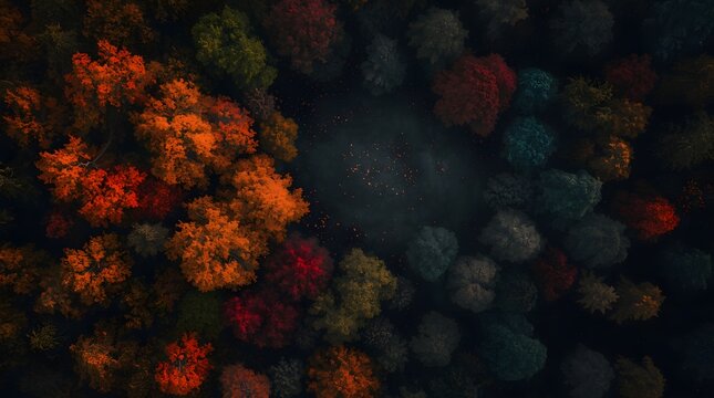 Aerial view of a mystical autumn forest with colorful trees surrounding a dark misty clearing, moody dramatic fantasy landscape concept