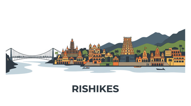 Rishikesh Skyline with Gangas River and Bridge - Uttarakhand India Flat Illustration
