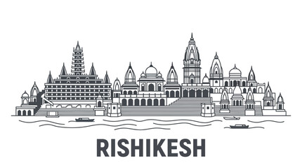 Obraz premium Rishikesh Ganges River Skyline Landmark Architecture Indian Cityscape Line Art